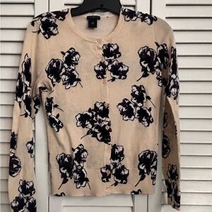 Ann Taylor Cream Cardigan with Black Floral Print